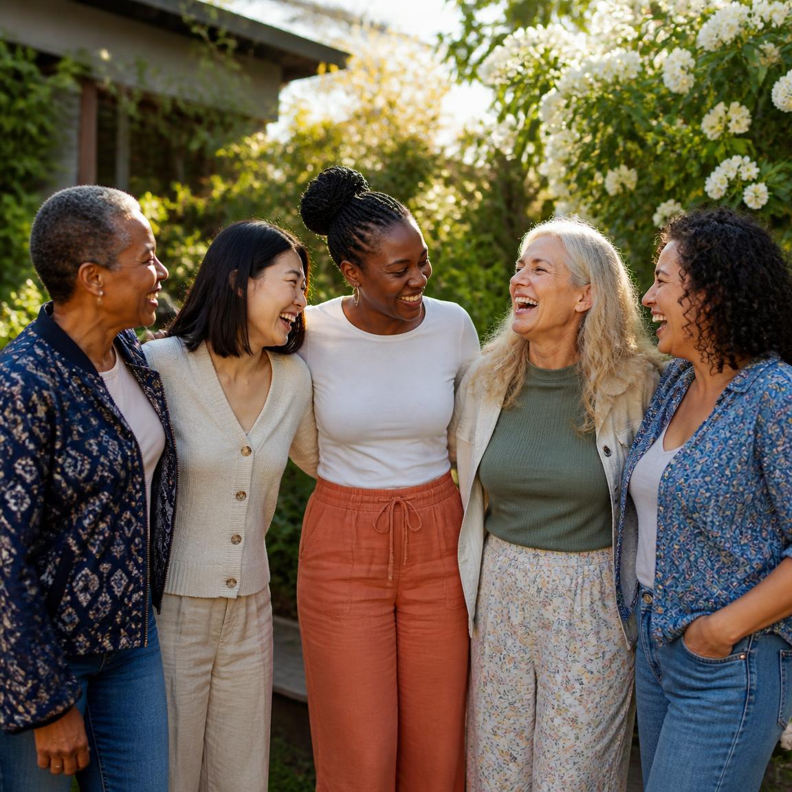A diverse group of women and men supporting one another in the garden